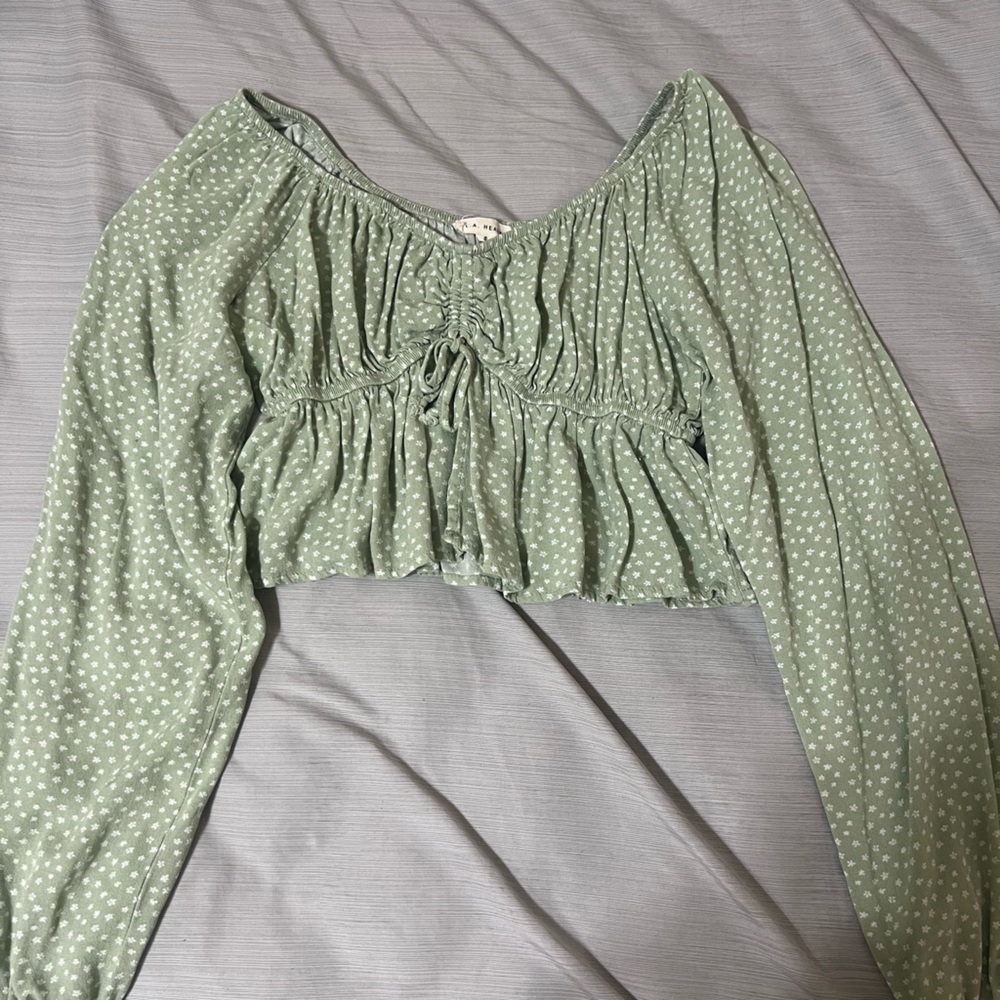 La Hearts Green Ruched Tie Front Long Sleeve Blouse